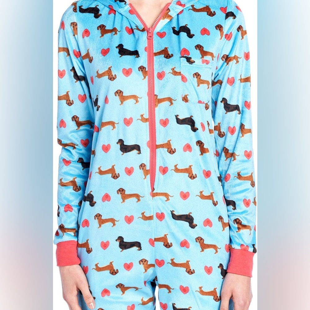 Women’s Blue Dachshund Print Zip-Up Pajamas Hooded - Picture 2 of 7